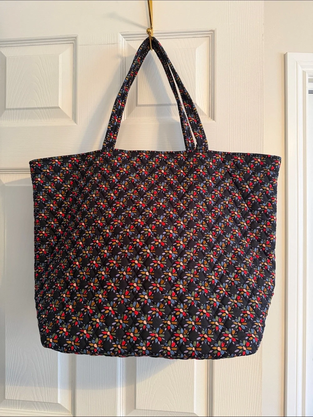 Vera Bradley Quilted Black Tote with Red, Pink, Orange & Green Floral Pattern